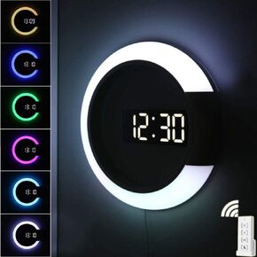 LED Digital Wall Clock with Remote Control [2024 Upgraded], 12 Inch Round Digital Alarm Clock Wall Decoration Light, Creative Clock with Dual Alarms Temperature Week for Living Room Bedroom Office