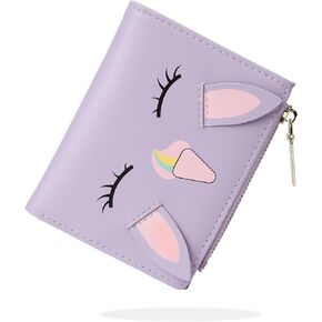 CONISY Cute Wallets for Women, Leather Bifold Small Wallet with Zipper Coin Purse, RFID Blocking Wallet for Girls and Ladies (Cow Black)