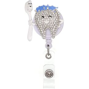 Smiling Tooth Rhinestone Alloy Badge Holder Cute Retractable ID Badge Scroll Gift, Suitable for Nurse/Doctor/Dentist