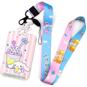 Lanyards Cinnamorol Lanyard with Cute ID Card Holder, Anime Badge Clip Clasp and Charm Hard Case, Kawaii for Keys Women,Blue Pink Badges, 17.5x0.78x4.3 inchx2.75