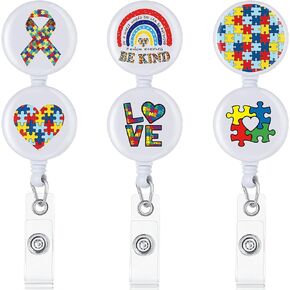 6 Pack Rainbow Be Kind ID Badge Holder Autism Awareness Puzzle Badge Reel Retractable Nursing Badge Clip Decorative Autism Badge Reel with Clip for Doctor Nurse Student Card Holder Name Tag
