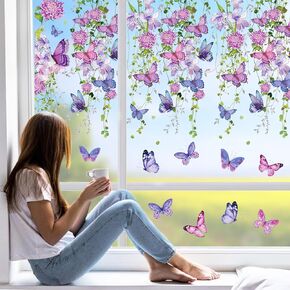 4 Sheet Purple Floral Window Clings Watercolor Hanging Flower Leaf Butterfly Reusable Window Decals for Spring Wedding Party Home Window Glass Decor