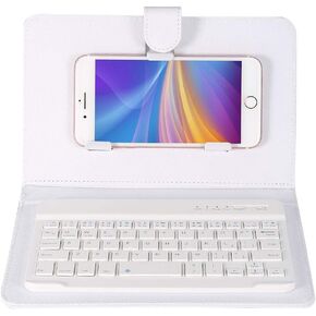 Wireless Bluetooth Keyboard with Portfolio Flip Leather Case Cover Detachable Keyboard for 4.5'' 6.8'' iOS, Android and Windows Smart Phones White
