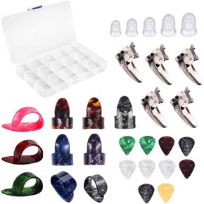 25 Pcs Thumb Finger Picks Plectrum Set Stainless Steel Metal Celluloid Guitar Thumb Finger Picks + 5Pieces Silicone Finger Protectors with Plastic Case for Gutiar Bass Ukulele Mandolin Banjo