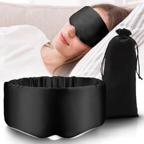 Full Coverage Sleep Eye Mask, Fits Face Breathable Comfort Eye Mask 99% Light Blocking, Simulated Silk Satin with Adjustable Shoulder Strap Storage Bag for Women Men Travel Home Rest (Black)