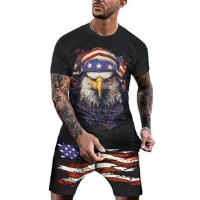 Mens 2 Piece Outfits Tracksuit Patriotic Shirts and American Flag Shorts Casual 4th of July Independence Day Set