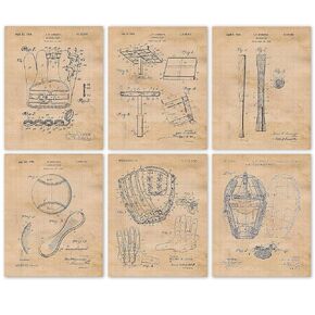 Vintage Baseball Patent Prints, 6 (8x10) Unframed Photos, Wall Art Decor Gifts Under 25 for Home Office Garage Shop School Gym College Man Cave Student Teacher Coach Team Field Sports League Gear Fans