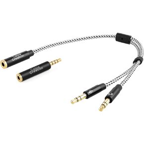 CableCreation Headset Splitter Cable, 3.5mm Female to 2 Dual 3.5mm Male Audio Y Splitter Cable with 3.5mm Audio Jack CTIA to OMTP Adapter,Black and White/ 0.2 M