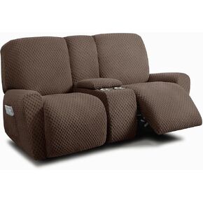 ULTICOR Reclining Love Seat with Middle Console Slipcover, 8-Piece Jacquared Stretch Loveseat Reclining Sofa Covers, 2 seat Loveseat Recliner Cover, Thick, Soft, Washable (Burgundy - Red)(Style 1)