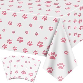 4 Pack Puppy Paw Print Tablecloths, 51x87'' Pink Plastic Disposable Table Cover for Pet Themed Party Decorations for Cat Dog Birthday Party Supplies Lets Pawty Party Supplies