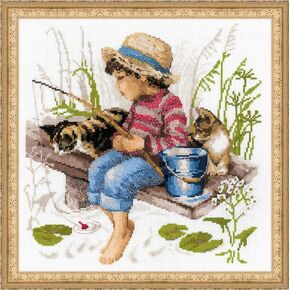 RIOLIS - Let's Go Fishing 1470, Cat Lovers Cat Cross Stitch Kits 11,81" x11,81, Cross Stitch Kits for Beginners & Advanced, Crossstitching Kits Adult, Counted Stitching Kits, Cat Embroidery Kit