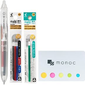 Pilot Frixion Ball4 038, Multi Ballpoint Pen, Ultra Fine 0.38mm, Clear body & 4 Colors refill (Black, Blue, Red, Green) &"monoc" Sticky Note set