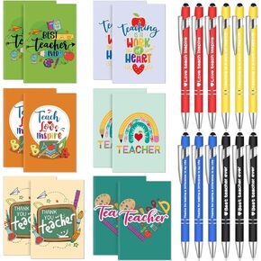 24 Pcs Teacher Appreciation Gift Set 12 Teacher Motivational Notebooks 12 Inspirational Ballpoint Pens, Thank You Teacher Gift for Women Men on Christmas Teacher Retirement (Black, Text Style)