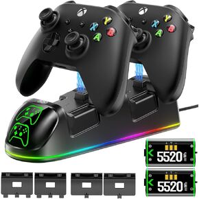 محطة شحن وحدة تحكم XBX مع حزم بطاريات قابلة لإعادة الشحن بقدرة 2 × 5520 ميجاوات في الساعة لأجهزة Xbox، وشاحن وحدة تحكم Xbox بـ 9 مصابيح RGB مع 4 أغطية للبطارية، وقاعدة شحن Xbox لسلسلة Xbox/One X/S Elite Controller in Kuwait