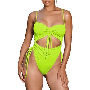 LaSuiveur Women's Cut Out One Piece Bathing Suit High Leg Cut Cheeky Drawstring Ruched Swimsuit