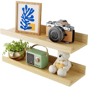 Bamboo Floating Shelves - Picture Ledge Shelf with Lip Set of 2, Hanging Bamboo Wall Shelf for Storage, Small Natural Wood Floating Shelves for Living Room, Bedroom, Kitchen