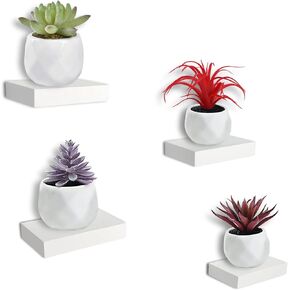 Small Floating Shelf Wall Mounted Showcase Display Shelves with Invisible Brackets for Bedroom Living Room Bathroom Dressing Table Set of 4 White