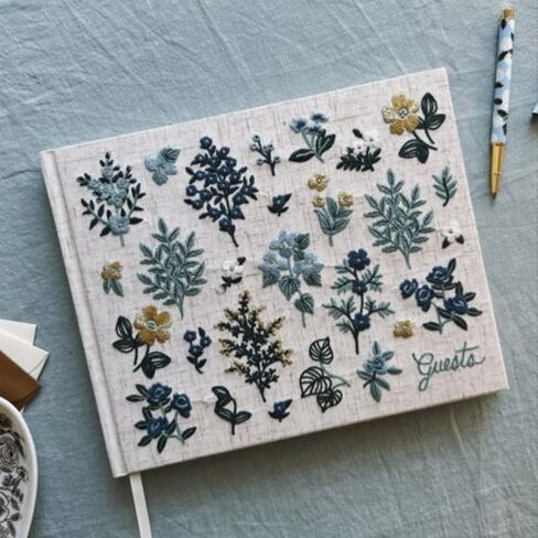شركة RIFLE PAPER CO. كتاب الزوار من القماش المطرز Wildwood | غلاف صلب مغلف بقطعة قماش كتاب وعلامة مرجعية بشريط Grosgrain، (تجليد مسطح، 144 صفحة مسطرة بحبر ذهبي معدني، 8 بوصة طول × 5.75 بوصة عرض) in Kuwait