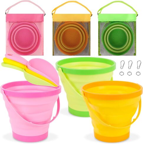 Shindel 3 PCS Foldable Pail Bucket, Collapsible Beach Buckets with Shovels, Travel Sand Toys for Beach, Fun Summer Activities, Beach Essentials, Toddler Beach Toys in Saudi Arabia