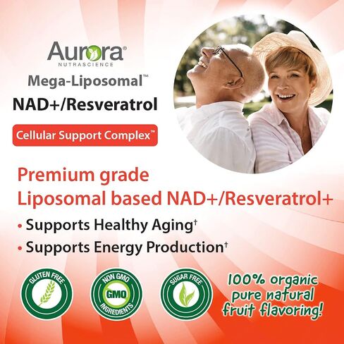 Aurora Nutrascience, Mega-Liposomal NAD+/ريسفيراترول، خالي من الغلوتين، غير معدل وراثيًا، خالي من السكر، نكهة الفاكهة العضوية، 16 أونصة سائلة (480 مل) in Saudi Arabia
