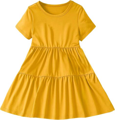 OYOANGLE Girls Short Sleeve Round Neck Ruffle Tiered Pleated Dress High Waist Short Dresses in Saudi Arabia