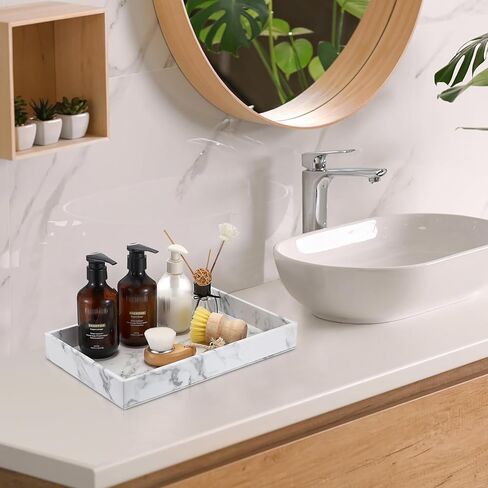 صينية تقديم العطور من الجلد الصناعي من ELLDOO، مقاس 13 × 8.3 صينية مزخرفة لحلية مجوهرات الماكياج، صينية تنظيم ديكور المنزل الحديث لطاولة القهوة في الحمام in Kuwait