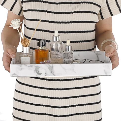 صينية تقديم العطور من الجلد الصناعي من ELLDOO، مقاس 13 × 8.3 صينية مزخرفة لحلية مجوهرات الماكياج، صينية تنظيم ديكور المنزل الحديث لطاولة القهوة في الحمام in Kuwait