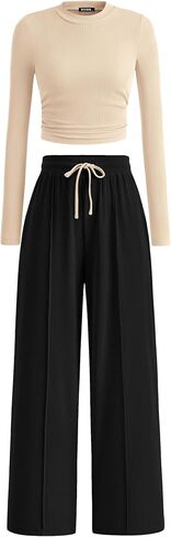 BTFBM Casual 2 Piece Sets For Women Fall Outfits Ribbed Knit Long Sleeve Crop Top Wide Leg Pants Matching Lounge Set in Saudi Arabia