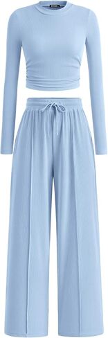 BTFBM Casual 2 Piece Sets For Women Fall Outfits Ribbed Knit Long Sleeve Crop Top Wide Leg Pants Matching Lounge Set in Saudi Arabia