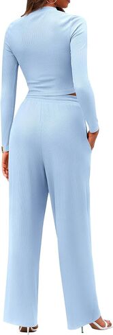 BTFBM Casual 2 Piece Sets For Women Fall Outfits Ribbed Knit Long Sleeve Crop Top Wide Leg Pants Matching Lounge Set in Saudi Arabia