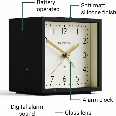 NEWGATE® ‘Equinox’ Contemporary Cube Alarm Clock in Black Soft Touch Silicone Finish, and Silent Sweep Movement with Digital beep Alarm Sound. Ideal for Bedside, desks and mantels. (Black Dial) in Saudi Arabia