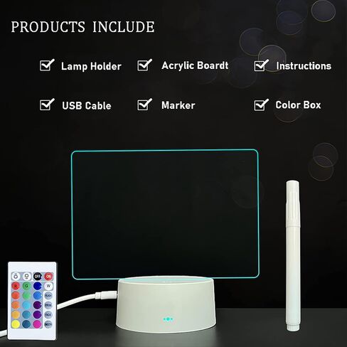 لوح مسح جاف من الأكريليك 16 لونًا يمكن التحكم فيه عن بعد في الضوء مقاس 7.3 × 5 × 0.2 بوصة، لوحة مذكرة شفافة لسطح المكتب، تتضمن علامات المسح الجاف، ضوء ليلي قابل لإعادة الكتابة مع لوحة رسائل، هدية مصباح مكتب خفيف ناعم in Kuwait
