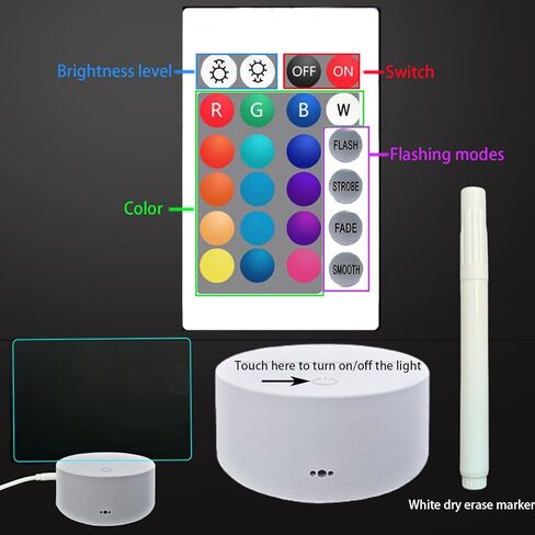 لوح مسح جاف من الأكريليك 16 لونًا يمكن التحكم فيه عن بعد في الضوء مقاس 7.3 × 5 × 0.2 بوصة، لوحة مذكرة شفافة لسطح المكتب، تتضمن علامات المسح الجاف، ضوء ليلي قابل لإعادة الكتابة مع لوحة رسائل، هدية مصباح مكتب خفيف ناعم in Kuwait