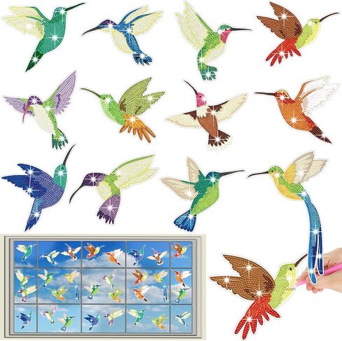 Gueevin 12 Pcs Diamond Painting Window Clings Kits Diamond Art Kits for Kids Glass Window Clings DIY Craft Kits Cute Diamond Art Painting Ornament for Adults Women Kids Gifts(Bird) in Saudi Arabia