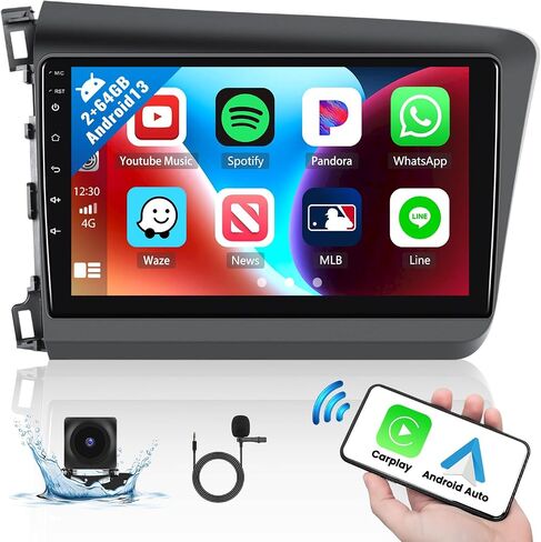 2+64G Android 13 Car Stereo for Honda Civic 2012-2015 with Wireless CarPlay Android Auto, 9" IPS Touchscreen in Dash GPS Radio with Navi WiFi Bluetooth FM RDS HiFi EQ SWC + Backup Camera & MIC in Saudi Arabia