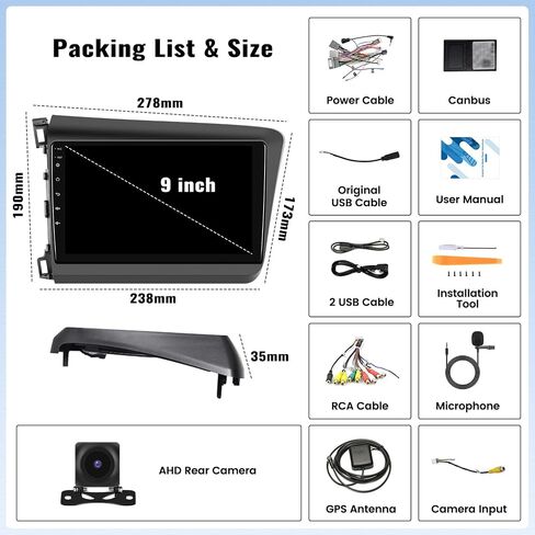 2+64G Android 13 Car Stereo for Honda Civic 2012-2015 with Wireless CarPlay Android Auto, 9" IPS Touchscreen in Dash GPS Radio with Navi WiFi Bluetooth FM RDS HiFi EQ SWC + Backup Camera & MIC in Saudi Arabia