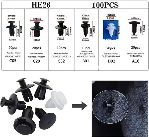 100 PCS Car Door Panel Nylon Buckle Set, 6mm 7.6mm 8mm 8.8mm 10mm 6 Specifications of Screw with Fastener Puller, Bumper Push Type Fixing Rivet Clip, Universal for Car (White & Black) in Saudi Arabia