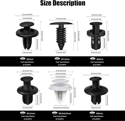 100 PCS Car Door Panel Nylon Buckle Set, 6mm 7.6mm 8mm 8.8mm 10mm 6 Specifications of Screw with Fastener Puller, Bumper Push Type Fixing Rivet Clip, Universal for Car (White & Black) in Saudi Arabia