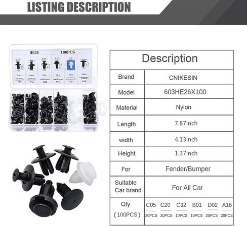 100 PCS Car Door Panel Nylon Buckle Set, 6mm 7.6mm 8mm 8.8mm 10mm 6 Specifications of Screw with Fastener Puller, Bumper Push Type Fixing Rivet Clip, Universal for Car (White & Black) in Saudi Arabia