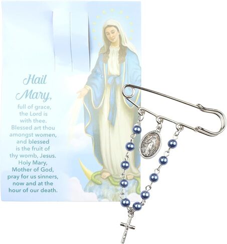 Miraculous One Decade Rosary Brooch - Elegant Safety Pin Closure with Blue Glass Beads & Crucifix, 3.5 Inches in Saudi Arabia