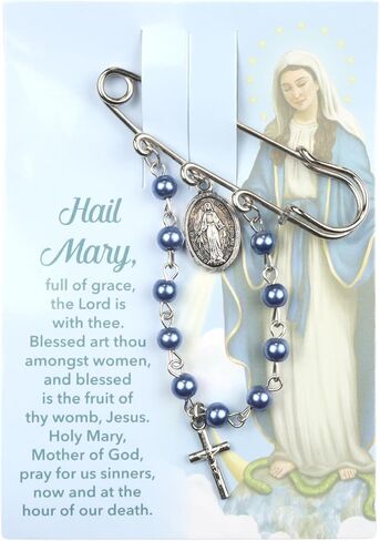 Miraculous One Decade Rosary Brooch - Elegant Safety Pin Closure with Blue Glass Beads & Crucifix, 3.5 Inches in Saudi Arabia