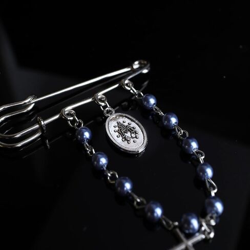 Miraculous One Decade Rosary Brooch - Elegant Safety Pin Closure with Blue Glass Beads & Crucifix, 3.5 Inches in Saudi Arabia