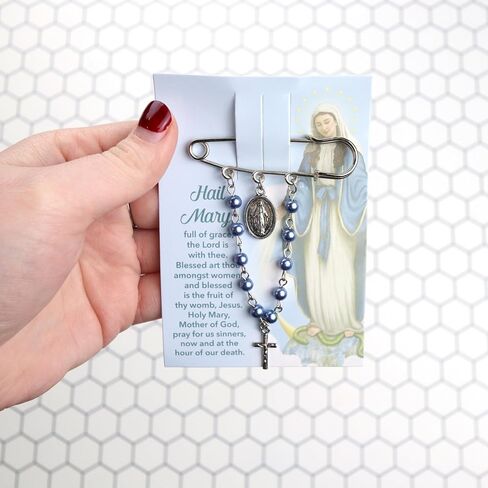 Miraculous One Decade Rosary Brooch - Elegant Safety Pin Closure with Blue Glass Beads & Crucifix, 3.5 Inches in Saudi Arabia