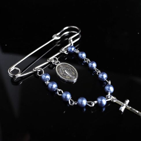 Miraculous One Decade Rosary Brooch - Elegant Safety Pin Closure with Blue Glass Beads & Crucifix, 3.5 Inches in Saudi Arabia