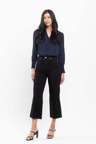 Judy Blue high Waist Black Tummy Control Raw Hem Crop Wide Leg Pant Denim Jean 88710-SIZE 15 in Saudi Arabia