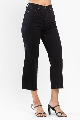 Judy Blue high Waist Black Tummy Control Raw Hem Crop Wide Leg Pant Denim Jean 88710-SIZE 15 in Saudi Arabia