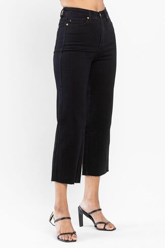Judy Blue high Waist Black Tummy Control Raw Hem Crop Wide Leg Pant Denim Jean 88710-SIZE 15 in Saudi Arabia