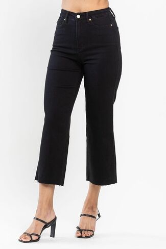 Judy Blue high Waist Black Tummy Control Raw Hem Crop Wide Leg Pant Denim Jean 88710-SIZE 15 in Saudi Arabia