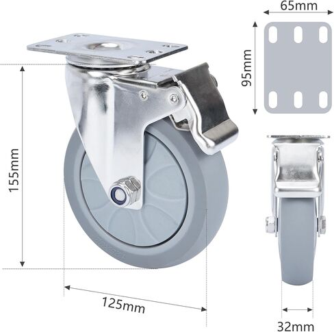 مجموعة عجلات 5 بوصات مكونة من 4 عجلات مطاطية شديدة التحمل مع قفل الفرامل، عجلات صناعية دوارة 360 درجة، عجلة مطاطية صامتة لطاولة العمل والعربة والأثاث (2 دوارة مع فرامل، 2 ثابتة) in Kuwait