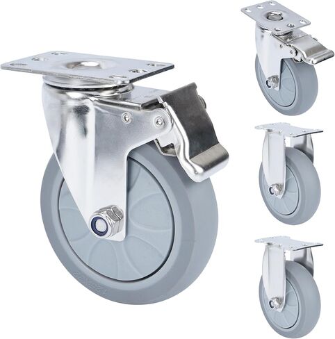 مجموعة عجلات 5 بوصات مكونة من 4 عجلات مطاطية شديدة التحمل مع قفل الفرامل، عجلات صناعية دوارة 360 درجة، عجلة مطاطية صامتة لطاولة العمل والعربة والأثاث (2 دوارة مع فرامل، 2 ثابتة) in Kuwait